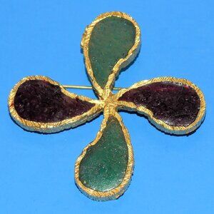 Vintage Signed JOY Stained Glass Brooch Pin Plique a Jour Pinwheel Maltese Cross